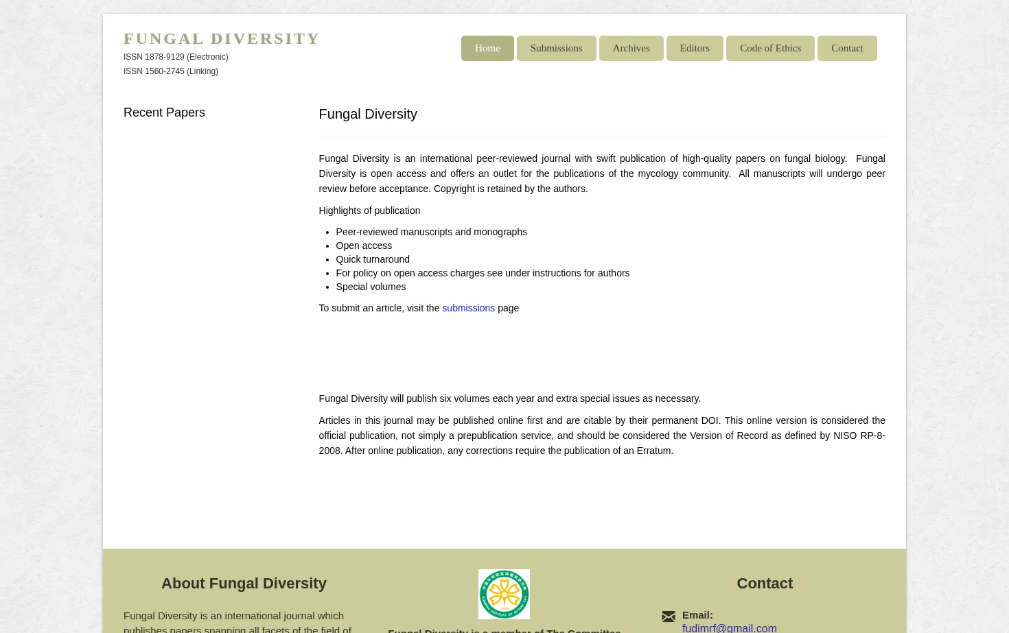 Fungal Diversity Journal of Fungal Biology 页面快照